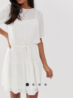 ASOS White Short-Sleeve Tiered Mini Dress with Drawstring